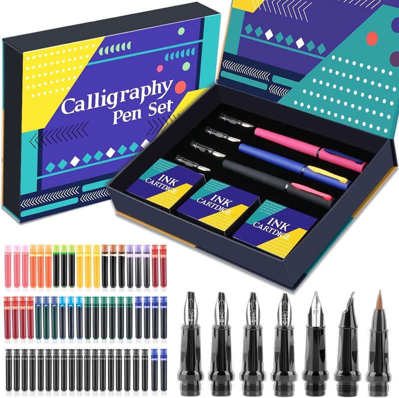 Aifeiter Calligraphy Pen set,Calligraphy Fountain Pens with 7 Different Replaceable Nibs with 60 Ink Cartridges(12 Colors),3 multi-functional color Fountain pens - Image 1